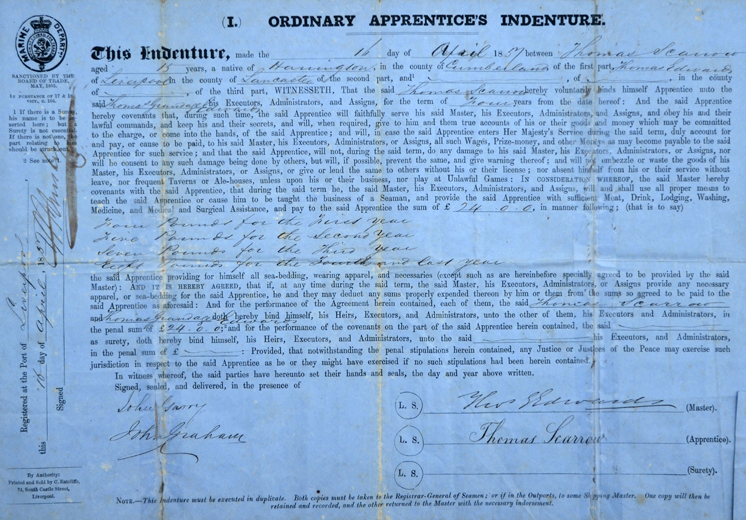 Thomas Scarrow, Apprentices Indenture 1857
